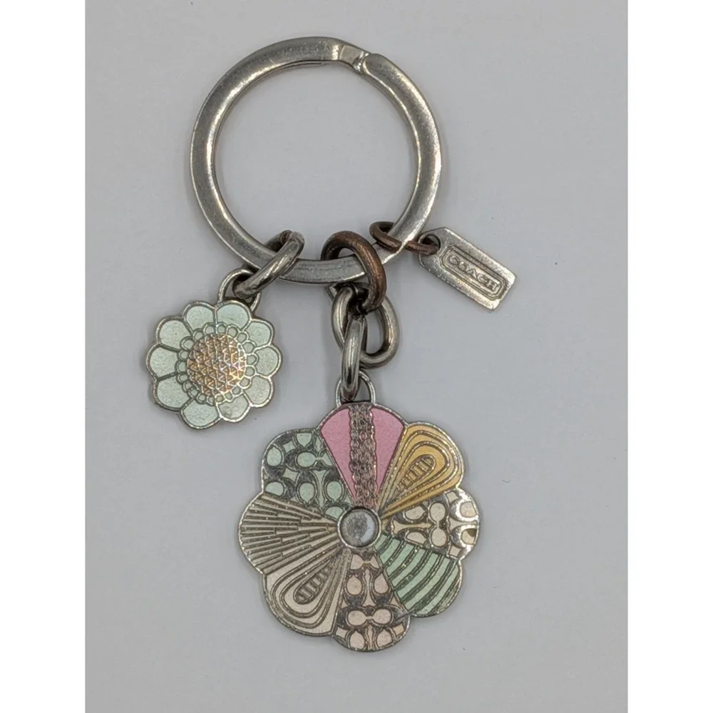 Coach Floral Patchwork Keychain Vintage Silver Multicolor Signature Bag Charm